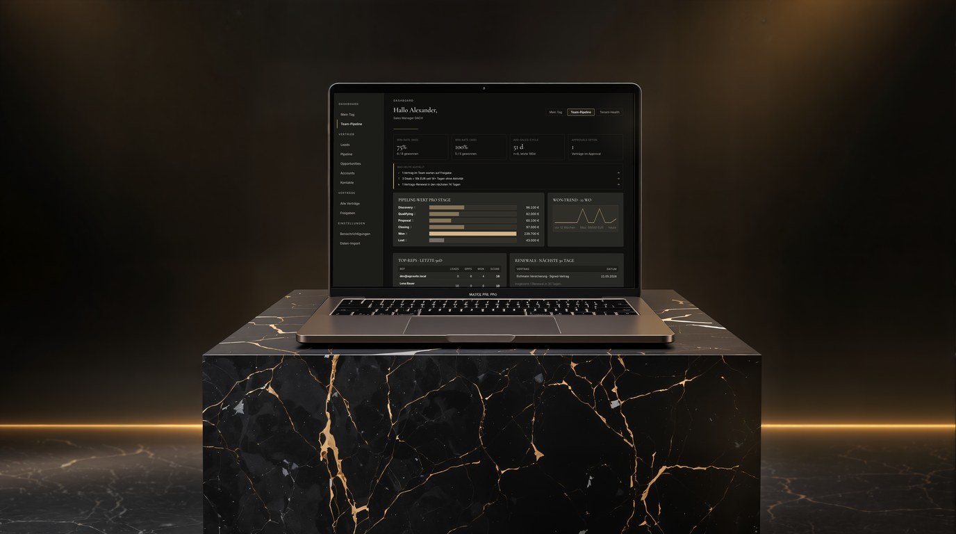 AGC Suite Dashboard auf einem MacBook auf Marmor-Sockel mit warmem Lichtkegel