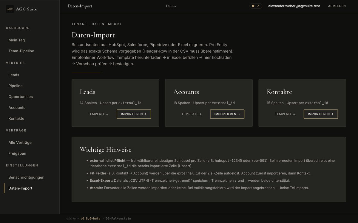 Daten-Import-Bildschirm mit Templates für Leads, Accounts, Kontakte