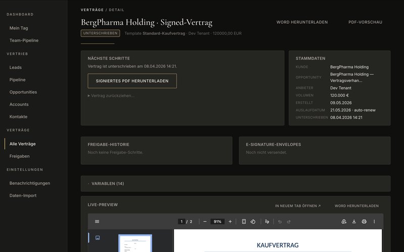 Vertrag-Detailansicht mit PDF-Preview